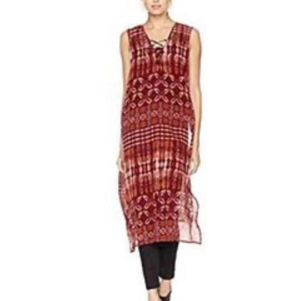 BCBGeneration Brick Red Print Shear Sleeveless Blouse Midi Tunic Top sz M /B3